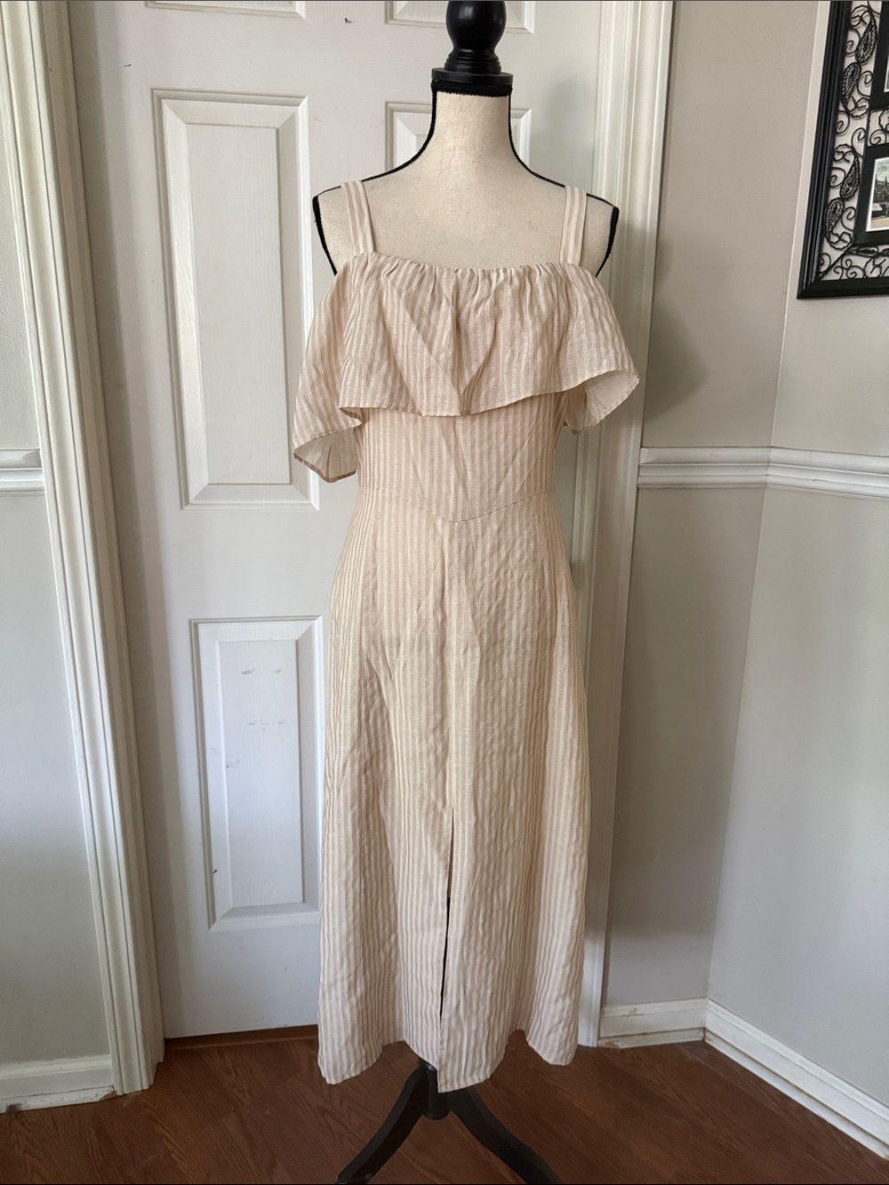 House of Harlow 1960 Tan & Cream Stripped Square-Neck Midi Dress with Front Slit